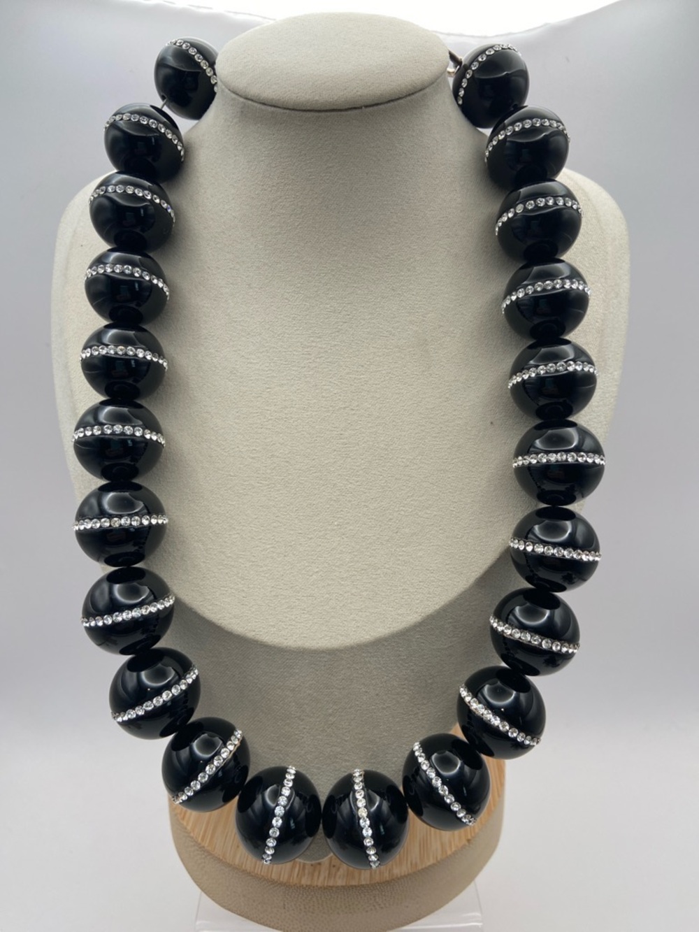 Sterling Silver 925 Black Agate & Crystal Bead Necklace 19”L Wedding Guest